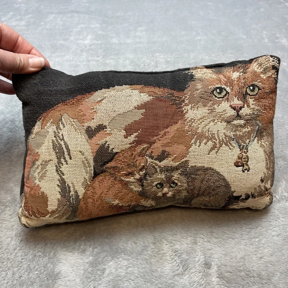 Vintage Mama Cat Kittens Tapestry Throw Pillow 13x8 Neutral Tones Tabby Bolster